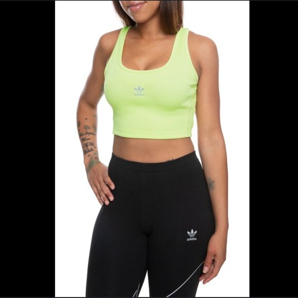 Adidas Originals Neon Green Ribbed Crop Tank Top Trefoil Logo Women’s Small - Picture 1 of 5